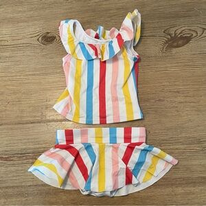 Hanna Rainbow Stripe Girls Swim Set Red, Blue, Yellow, Pink Ruffle Skirt